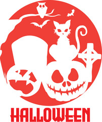Halloween silhouette cemetery scary cat, owl, bats creepy pumpkin