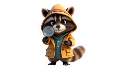 Cartoon Raccoon Detective Holding Magnifying Glass in Yellow Outfit on Black