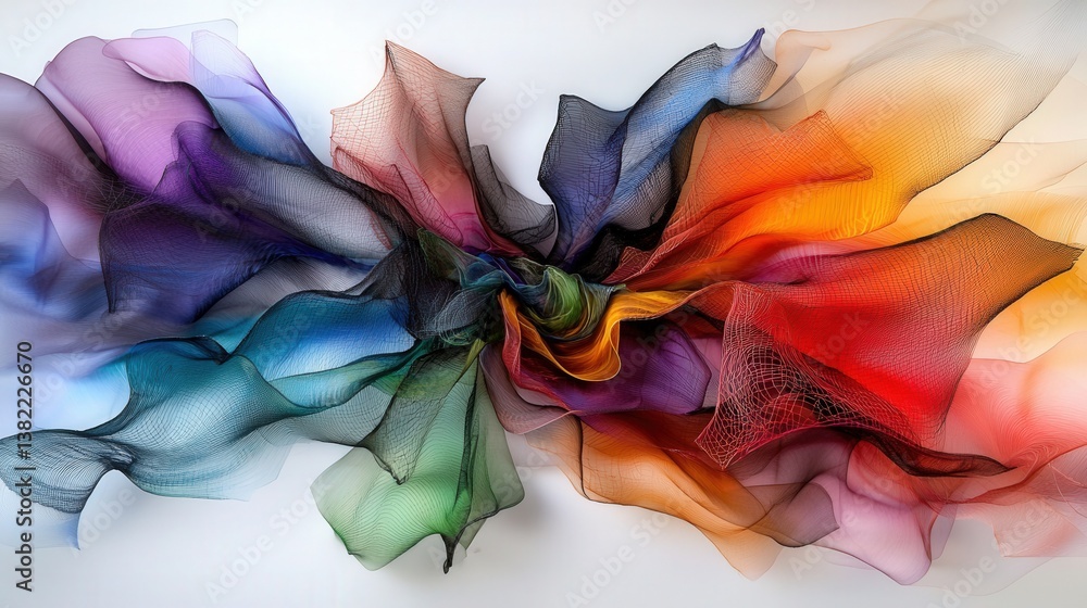 Poster a vibrant, flowing composition of colorful fabric, creating an abstract wave of texture and movement