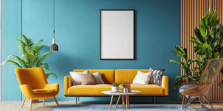 Innenarchitektur eines modernen Wohnzimmers mit Posterrahmen-Attrappe, farbenfrohen Dekorationen und Accessoires, Pflanzen, Sofa und Couchtisch. Blaue Wand. Wohndeko. Vorlage.