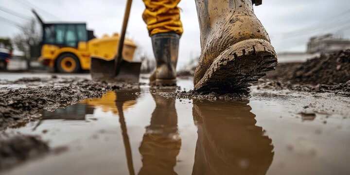 A man in yellow boots is walking through mud