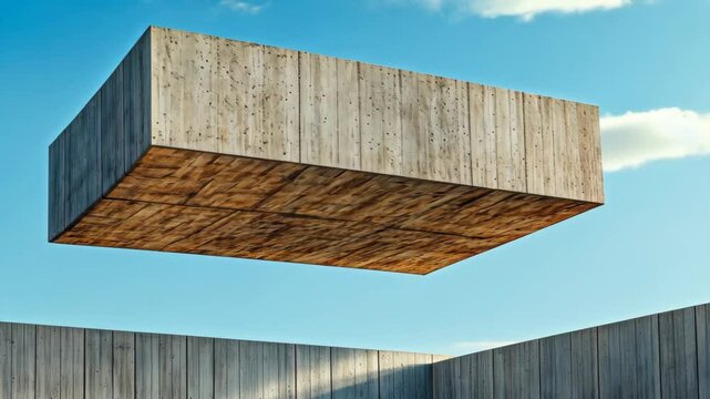 Floating stone cube building hovering in blue sky, Surreal minimalist architectural concept with impossible physics
