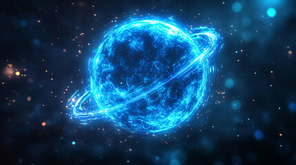 Obraz premium Rings Metallic Blue Glowing Orb With Shimmering Orbiting Donzb