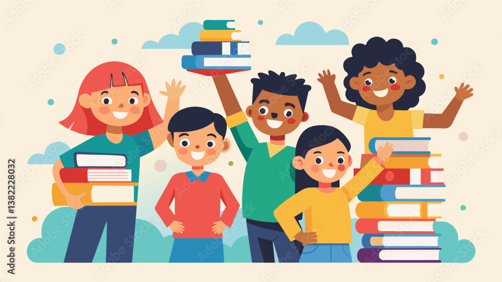 Poster a group of siblings beam with pride as they return a mountain of books to the library each eager to 