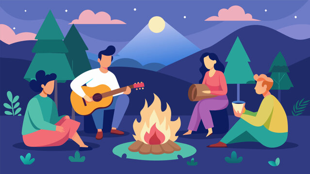 A cozy campfire with a guitar and singing family members enjoying the simplicity and togetherness of backyard camping.. Vector illustration