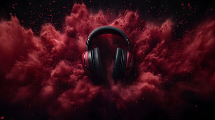 Fototapeta premium Isolated red headphones with musical notes suggest stereo sound entertainment