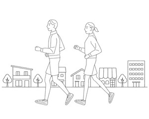 ジョギングをする男性と女性　カップル　ランニング　背景あり　線画　手描き風