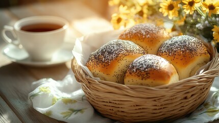 A basket of four pikelets sits on a table next to a cup of tea