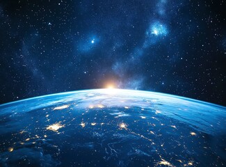 Obraz premium Earth From Space at Sunrise with City Lights and Starry Sky