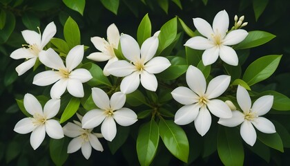 Obraz premium Close-up shot of a cluster of white jasmine flowers with five petals each, set against a backdrop of glossy green leaves