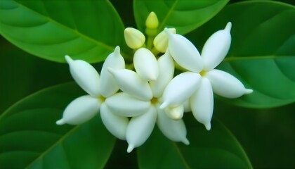 Fototapeta premium Close-up shot of a cluster of white jasmine flowers with five petals each, set against a backdrop of glossy green leaves