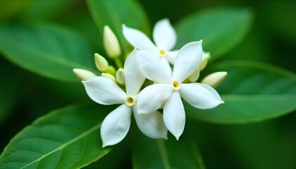 Obraz premium Close-up shot of a cluster of white jasmine flowers with five petals each, set against a backdrop of glossy green leaves