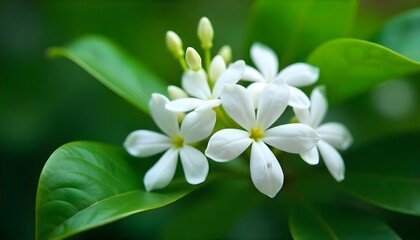 Close-up shot of a cluster of white jasmine flowers with five petals each, set against a backdrop of glossy green leaves