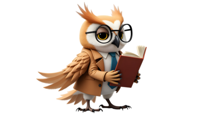 Owl Cartoon Character Reading a Book with Glasses and Suit