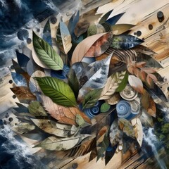 Assemblage of natural imagery—leaves wood textures and water p