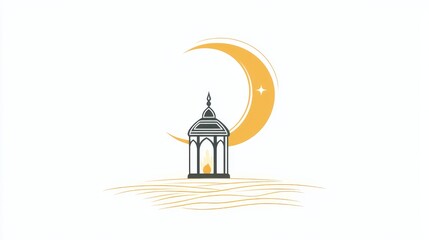 Obraz premium One continuous line drawing lantern on moon icon for islamic new year celebration. Happy Islamic new Year. Single line draw design vector graphic illustration.