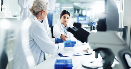 People, scientist and tube for test in lab of medical, research, dna discovery and vaccine...