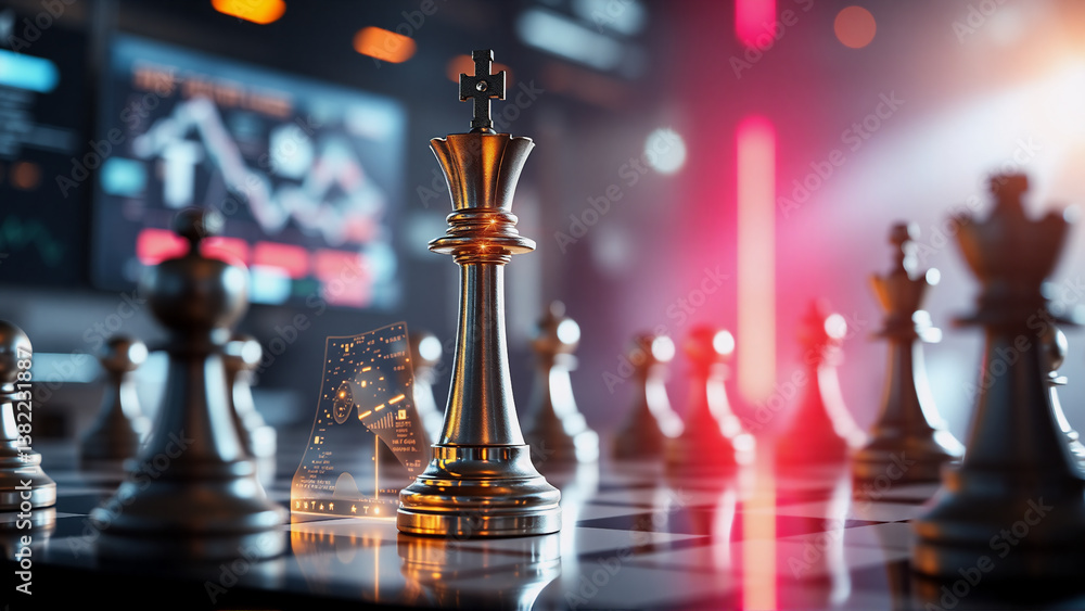 Poster chess pieces are positioned on a board with a screen displaying graphs in the backdrop. a gold king 