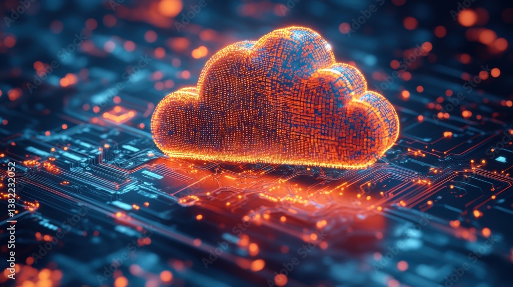 Aufkleber a digital illustration of a glowing cloud over a circuit board, symbolizing cloud computing and tech