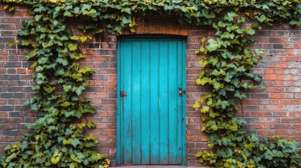 Artistic turquoise door in a brick wall, enveloped in cascading green vines