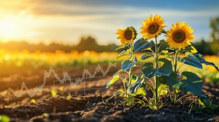 Sunflowers in a vibrant field at sunset with growth analytics superimposed on the soil