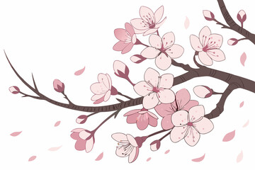 Delicate sakura flower branch with pink blossoms and flying petals, elegant floral vector for seasonal or Japanese themes