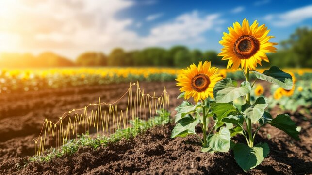 Sunflowers blooming in vibrant field with data visualization overlay during sunset - Powered by Adobe