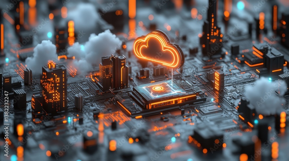 Poster a futuristic digital landscape featuring a glowing cloud symbol over a circuit board, symbolizing cl