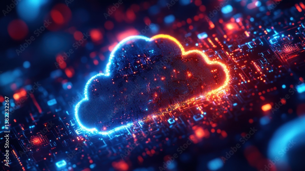 Poster a vibrant digital representation of a cloud symbol, surrounded by glowing circuitry, illustrating cl