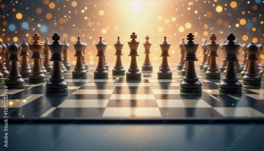 Poster chess game setup with pieces on a checkered board against a blurred, sparkling golden bokeh backdrop
