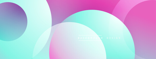 Abstract design. Overlapping circles create smooth gradients. Colors range from purple to turquoise, pink, white. Minimalist aesthetic. Modern background.