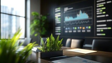Meeting room with greenery and data analytics display in modern office setting during daytime
