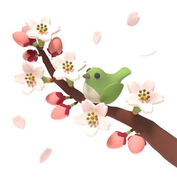 桜とうぐいすのソフビ風3Dイラスト