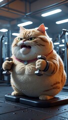 a chubby cat intensely lifting weights in a gym setting. The cat has a round, fluffy body with visible fat rolls, emphasizing its overweight appearance