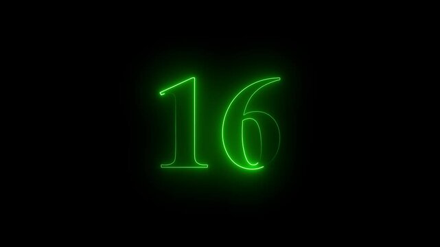 A bstract motion, and glowing neon number 16 animation on a black background. Followers Celebration text animation.