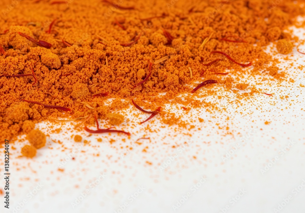 Poster close up shot of saffron powder and threads scattered on a white surface with shallow depth of field