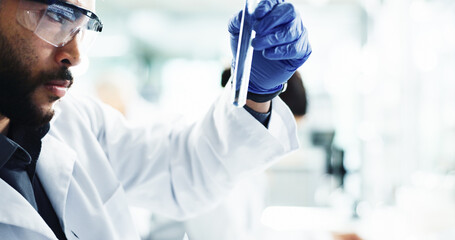 Man, scientist and hands with sample for medical research, chemical exam or DNA tests at...