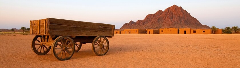 Fototapeta premium Rustic wooden wagon in desert landscape with majestic mountain backdrop, showcasing unique natural beauty and historic charm of dry environments.