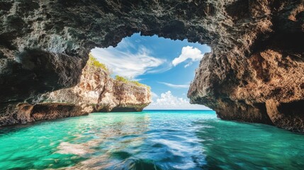 Fototapeta premium Breathtaking cave view showcasing shimmering turquoise waters under a bright sky, capturing adventure and tranquility in one frame.