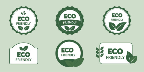Eco-friendly labels set. Ecological healthy organic natural food sign stamp isolated on green background. Vector flat illustration