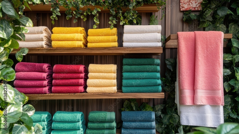 Poster bright and cheerful towels in various colors, neatly displayed on wooden racks with cascading greene