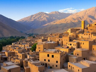 Serene Landscape of Traditional Adobe Village Surrounded by Majestic Mountains at Golden Hour in the Tranquil Desert Region