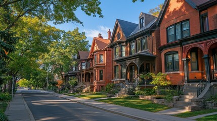Obraz premium A picturesque street lined with charming, colorful houses. Sunlight filters through trees casting shadows