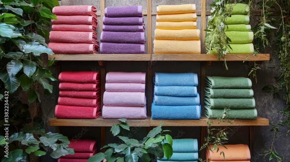 Poster bright and cheerful towels in various colors, neatly displayed on wooden racks with cascading greene
