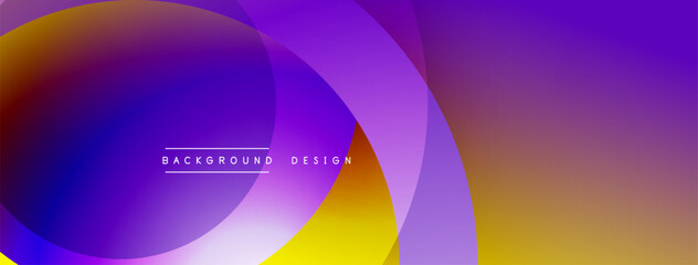 Abstract colorful background. Overlapping circles create dynamic visual effect. Gradient shades of purple, blue, orange, yellow. Modern design element.