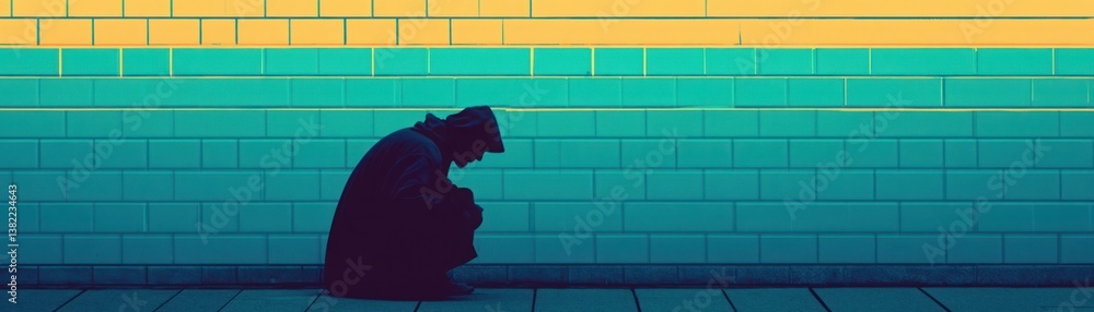 Poster silhouette of a person in a hooded jacket sitting on a sidewalk against a colorful wall with unique 
