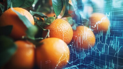 Fresh oranges on a tree with digital market analytics in the background