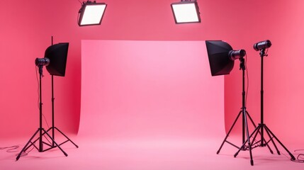 Bright LED and softbox lights stand tall in a professional studio, casting shadows on a pastel pink backdrop.