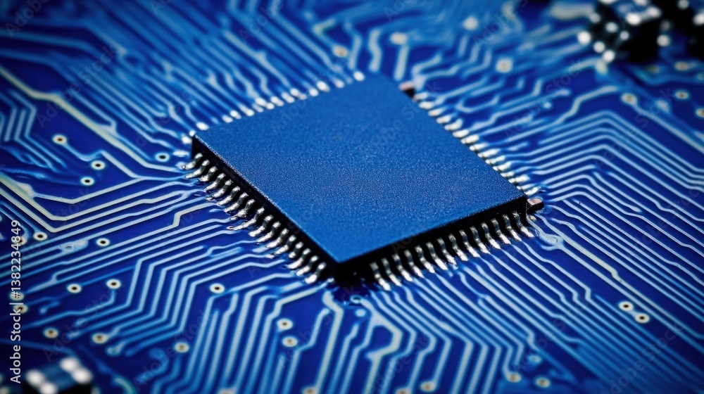 Aufkleber close-up image of a microchip on a blue circuit board with electrical pathways and connectors, showi