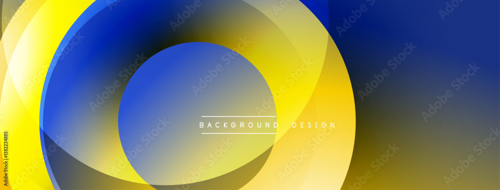 Poster Abstract design. Overlapping circles create dynamic visual effect. Blue, yellow, gray tones blend smoothly. Modern aesthetic for backgrounds, presentations.